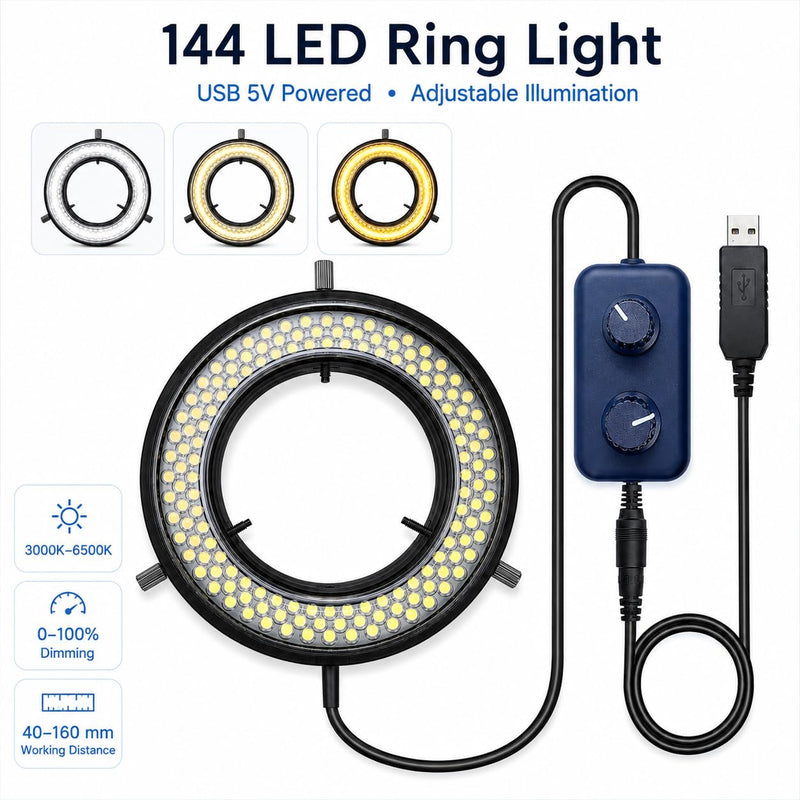 Microscope LED Ring Light Illuminator, USB 5V 144 LED Color Temperature Adjustable, 4 Zone RGB, Focus Lamp Source for Monocular Binocular Trinocular Stereo Microscope Vision Scientific (144 CW WW) 144 LED CW WW