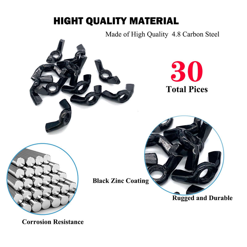 30 PCS 1/4-20 Inch Wingnuts, Quality Carbon Steel Wing Nuts Black Zinc Plated Fasteners Parts Butterfly Nut, Hand Twist Tighten Hardware Nuts Butterfly Wing-Nut 1/4-20” Assorted Kit 1/4-20"-30Pcs-Black
