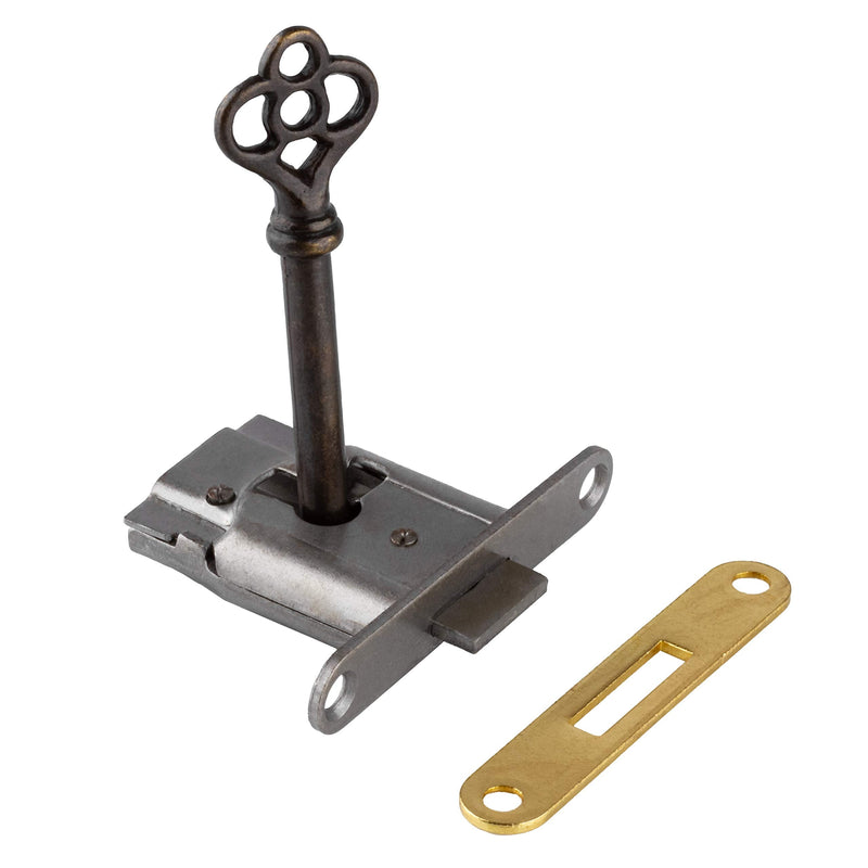 Full Mortise Lock with Plate and Skeleton Key for Right Hand Cabinet Door, Desk or Dresser Drawer - Antique Furniture Hardware | UA-035-L