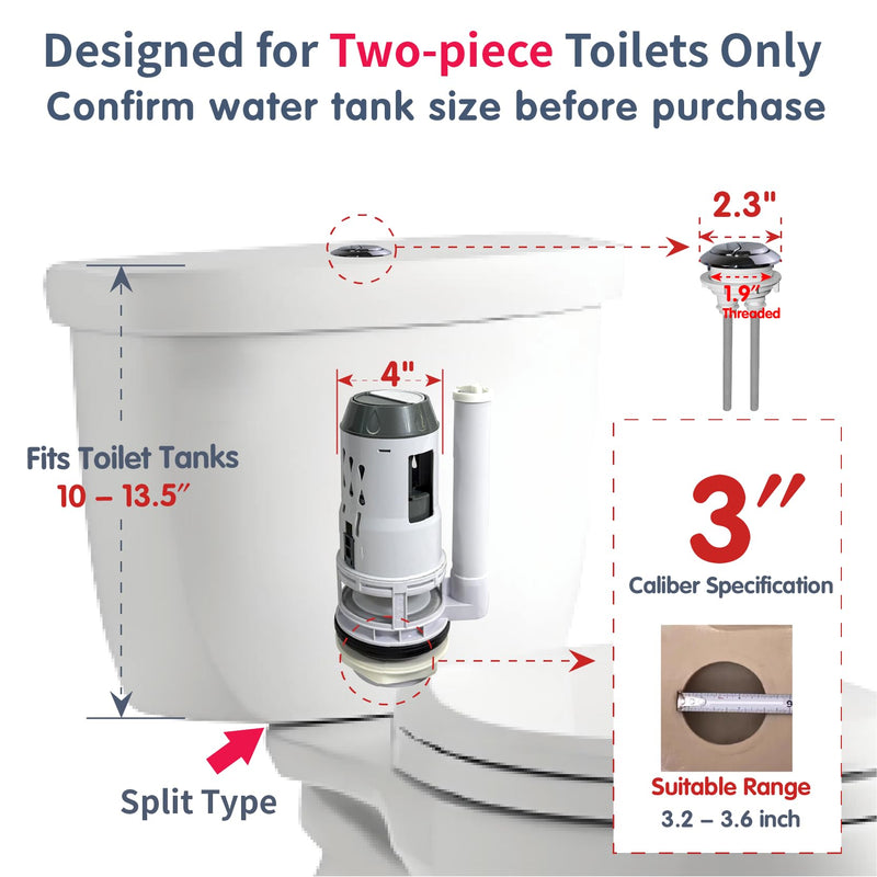 3-Inch Dual Flush Valve Replacement Kit,Universal for 2-Piece Toilets,Has Flush Valve, Fill Valve,Button,Bolt,Gasket. Compatible with Glacier Bay, American Standard,Aquasource and More Fits 3-inch drain holes