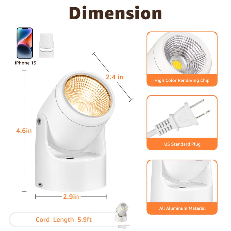 3W Uplighting Indoor LED Spot Lights Indoor with Timer 3000K/4000K/5000K Floor Spotlight Indoor Uplights Dimmable Plug in Up Lights Indoor Spotlight for Plants Picture Artwork, 2 Pack