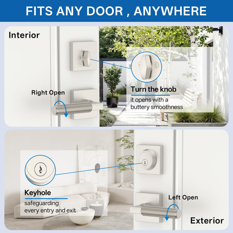 Amerdeco Front Door Lock Set with Double Cylinder Deadbolt, Exterior Entry Door Lever, Heavy Duty Entry Door Locksets for Left or Right Hand Exterior Door（Brushed Satin Nickel 1 Pack） Brushed Satin Nickel