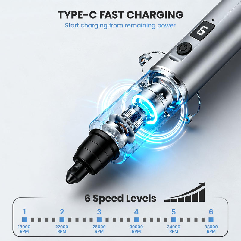 HARDELL Mini Cordless Rotary Tool Kit with 35 Accessories, Brushless Motor, 38000 RPM, 6-Speed Digital Display, for Polishing, Sanding, Engraving, Drilling, 3D Printer, DIY Crafts (Silver)