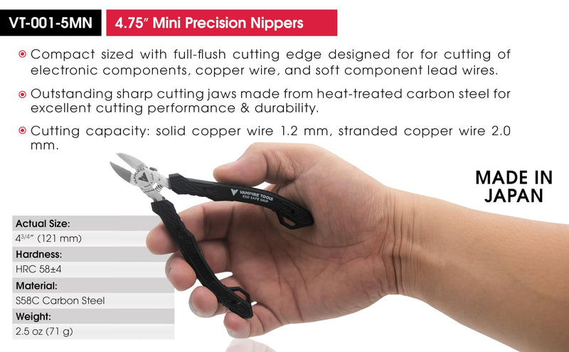 VAMPLIERS 4.75" Precision Flush Cutters. Made in Japan. Professional Grade Side Cutting Pliers Mini Nippers. For Circuit Board Work, Clean Wire Cutting, Electronic Repairs.