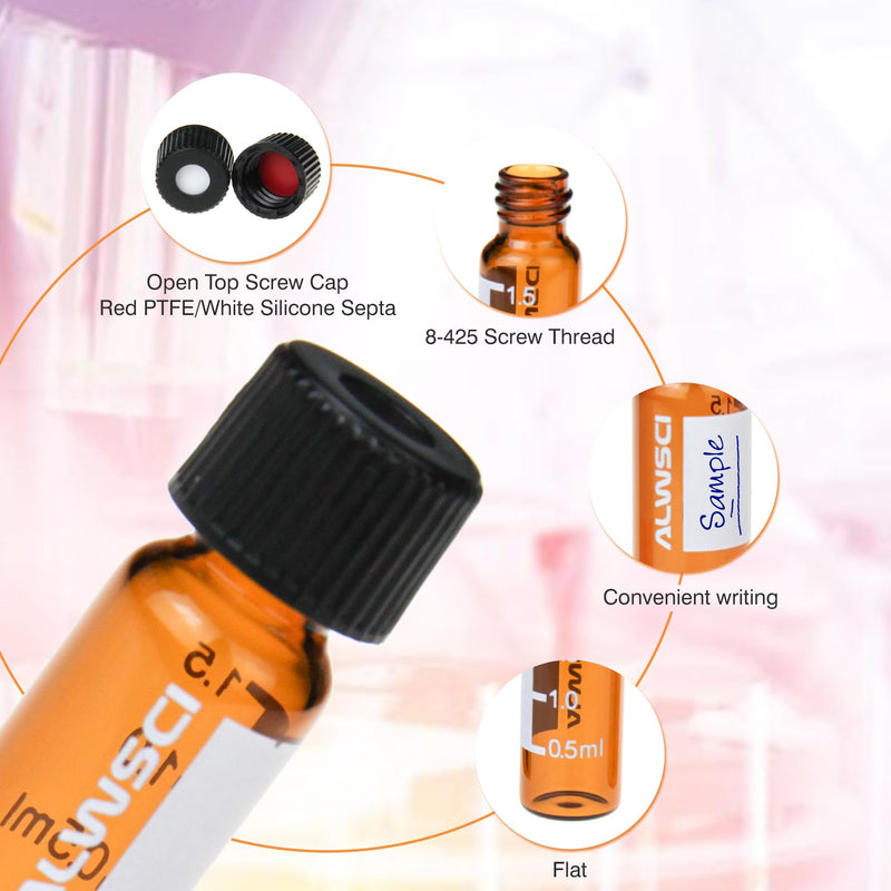 2 ML Autosampler Vial, Amber 8-425 HPLC, 8mm Chromatography Lab Vial with Writing Area, Black Screw Cap&Septa, 100 pcs