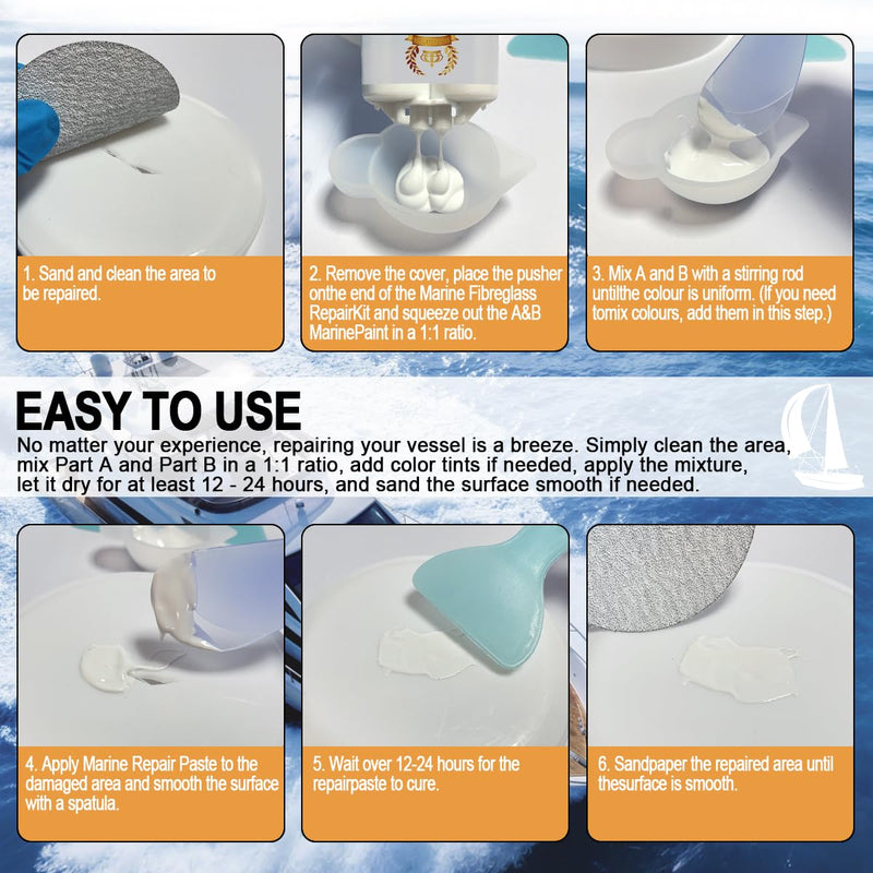 Marine Fiberglass Repair Kit for Boats Pro Gel Coat & Epoxy Resin to Fix Holes, Chips, Deep Cracks on Kayaks, Sailboats | DIY Fiberglass Boat Repair with Color Match and Fast Cure 200g