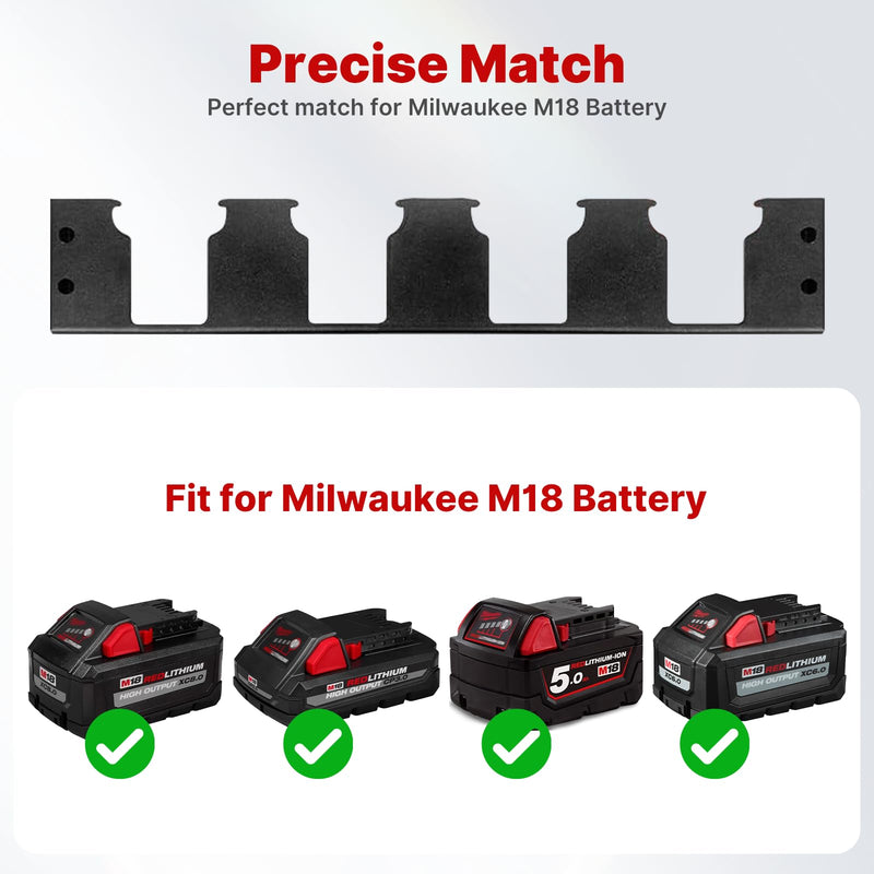 4-Slot Battery Holder Compatible with Milwaukee M18 Battery, Milwaukee Battery Holder Side Organizer with Rail Clips for Packout System, Mounted on Packout Toolbox to Secure Storage and Easy Access Black
