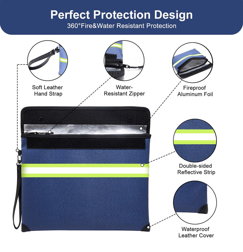 Upgraded Fireproof Money Bag,10 Layers of Heat Insulated Materials,6500°F Fireproof Bag with Waterproof Zipper/Reflective Strip,Fireproof Document Bag with Handle for Cash,Important Documents Blue Medium Size