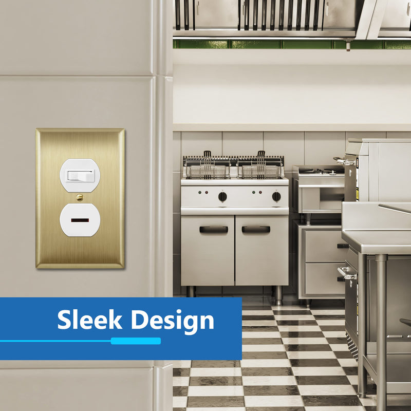 LIDER Duplex Receptacle Metal Wall Plate, Stainless Steel Outlet Cover, Corrosion Resistant, Mid-Size 1-Gang 4.88" x 3.11", 201 Stainless Steel, LMWP-21M-BB, Brushed Brass 1 Gang 1 Pack