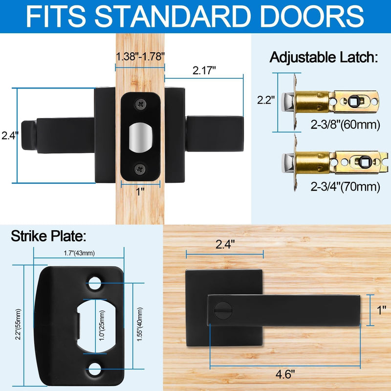 2 Pack Matte Black Door Handles Privacy Door Levers, Heavy Duty Bed and Bath Door Locks Interior Door Knobs, Reversible Keyless Flat Levers with Square Rosette 2 Pack Matte Black Finish