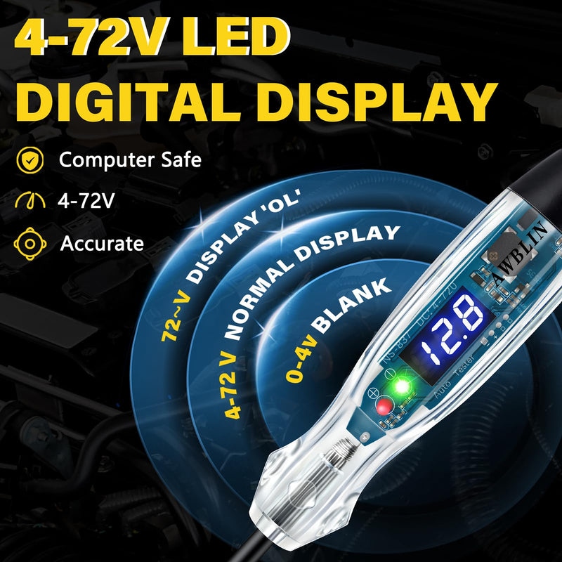 Upgraded Automotive Buzzer Test Light 4-72V DC Digital LED Circuit Tester, Heavy Duty Light Tester with Voltmeter, Auto Bidirectional Voltage Tester Electric Test Pen