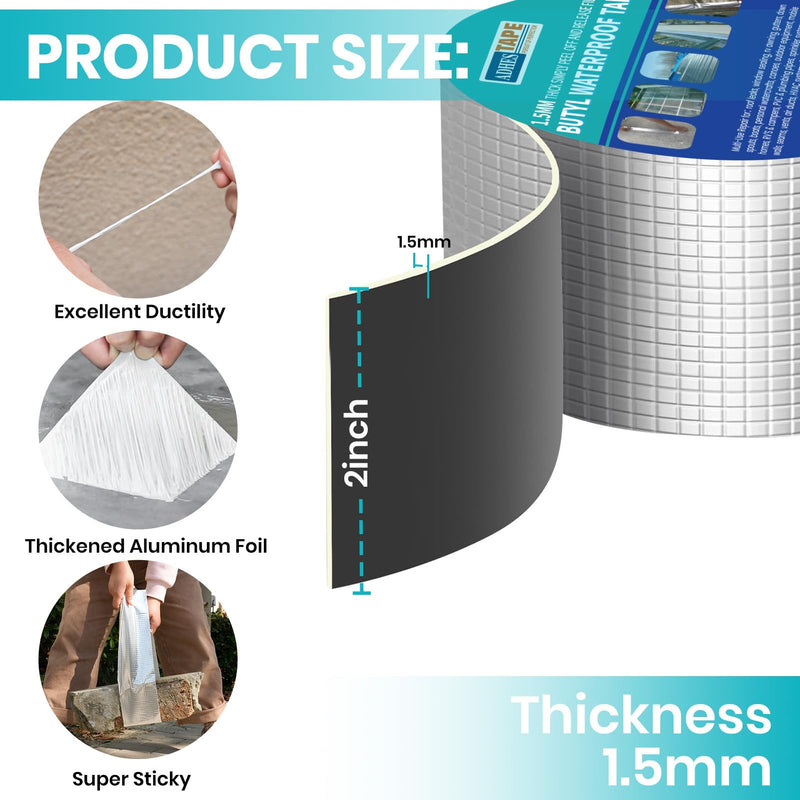 ADHES Extra Thick Butyl Tape 2 Inch x 16 Feet x 1.5mm – 50% Thicker for Superior Waterproof Sealing – Weatherproof Butyl Sealant Tape for RV Repairs, Roof Leaks, Window Seals, Pipe Seals, and More