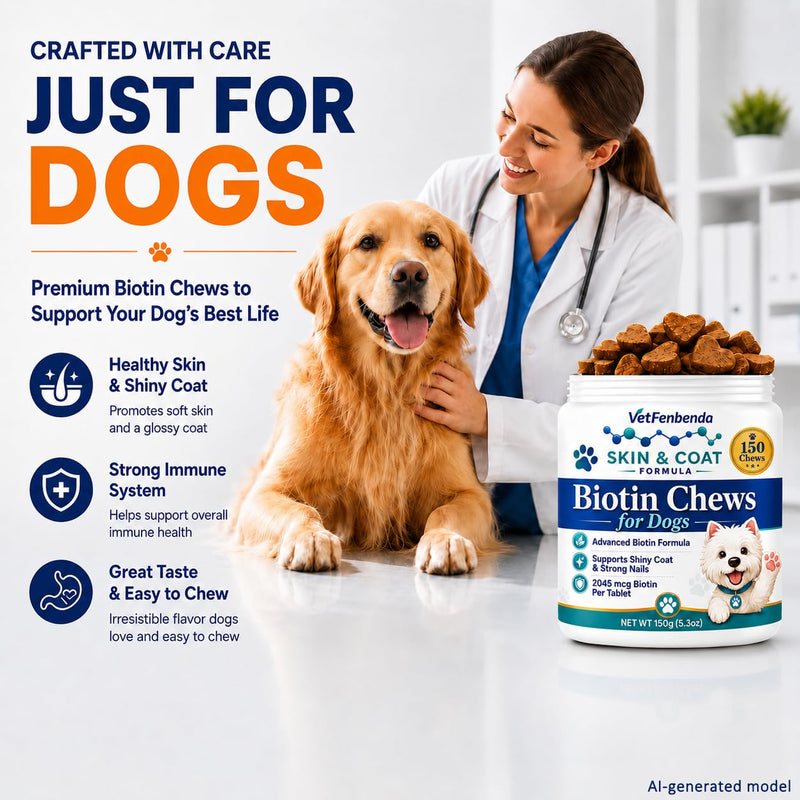 Biotin for Dogs Skin and Coat Supplement Dog Shedding and Dry Skin Support Chews, Dog Nail Strengthener with 58mg Vitamin Biotin per oz, Dried Yeast B-Complex & 42% Protein for All Breeds, 150 Chews