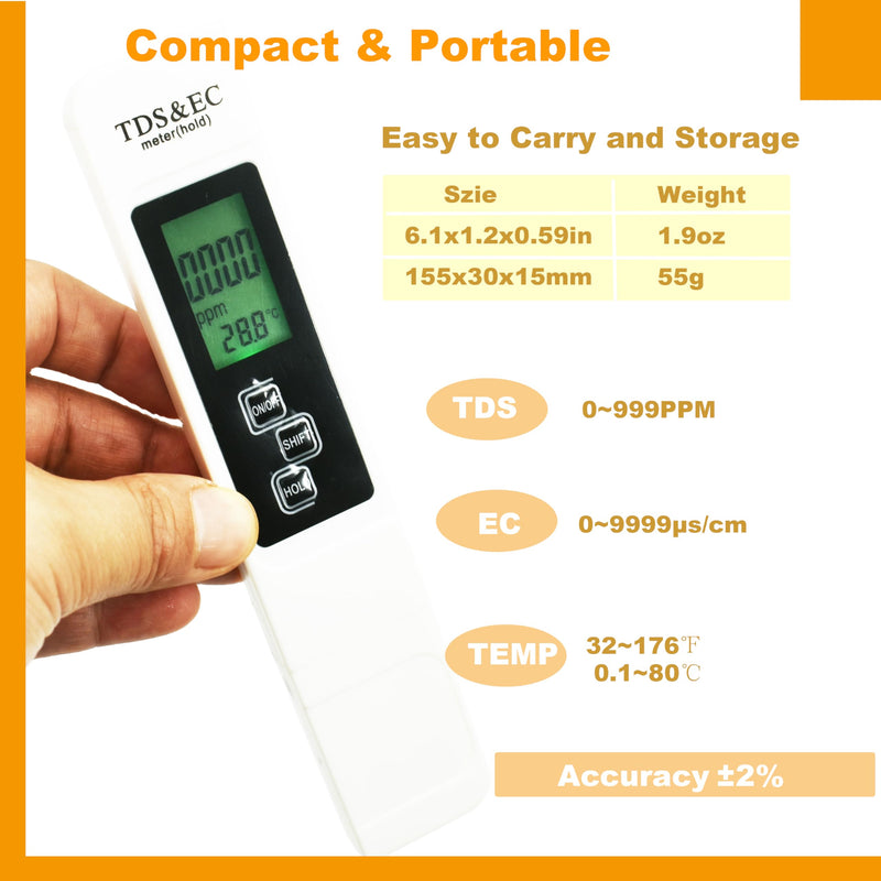 3 in 1 Digital Water Quality Tester, TDS, EC& Temperature Meter,0-9990ppm, Ideal Water Testing for Drinking Water,Pool, Aquariums. 2 PCS Come with Plastic Case