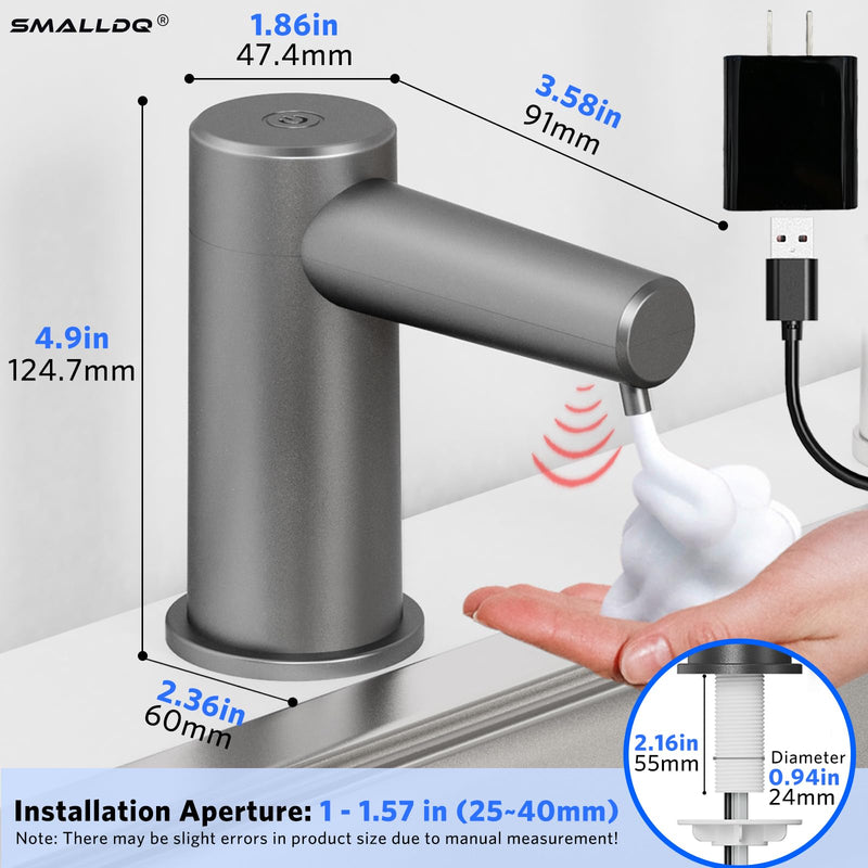 Automatic Sensor-Activated Built-in Foam Soap Dispenser for Kitchen Sinks, Plug-in Power Supply, Includes a 38-inch Silicone Extension Tube. Designed for Kitchens and Bathrooms (Dark Gray)