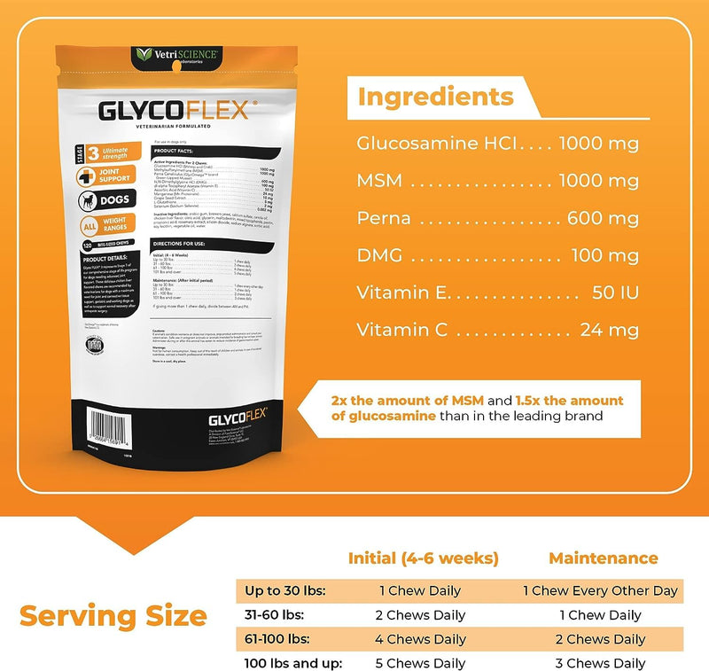VetriScience Glycoflex 3 Clinically Proven Hip and Joint Supplement for Dogs, 120 Chews & Canine Plus MultiVitamin for Senior Dogs, 60 Chews - PawsPlanet Australia