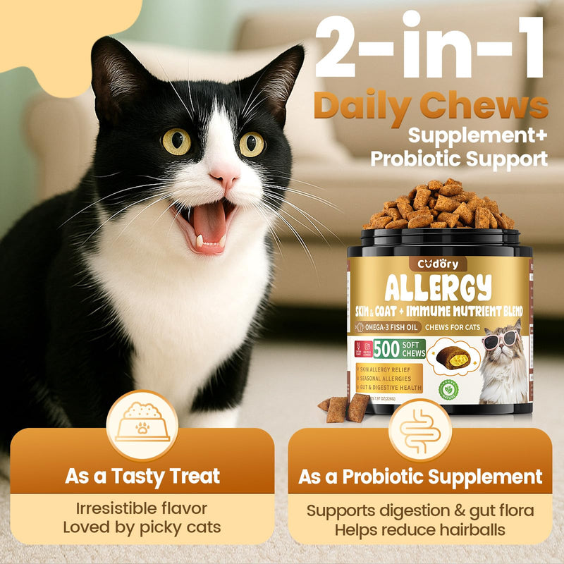 Cat Allergy Relief Chews for Cats, 500 Crunchy & Creamy Treats, Supports Itchy Skin, Paw Licking, Sneezing & Watery Eyes, Omega-3 Fish Oil + Probiotics, Immune Skin & Coat Support(90-Day Supply)