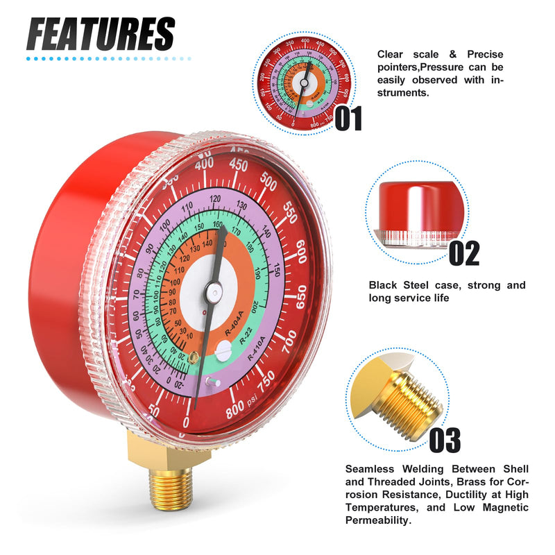MEANLIN MEASURE Refrigeration Pressure Gauge, 1/8" NPT, 30 in HG to 250Psi and 0-800Psi, 2-3/4" Dial, R-404A, R-22, R-410A, Degree F, with 1/4" NPT and 3/8" NPT Hex Bushing, Lower Mount Red & Blue Dial