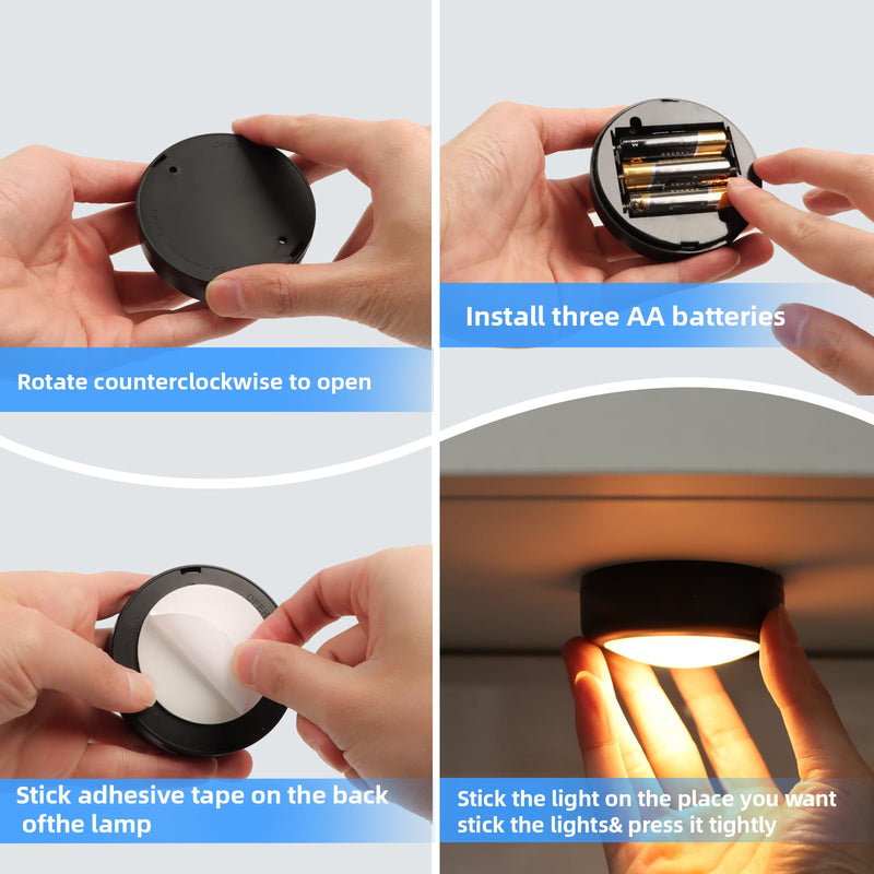 Push Lights with Remote Puck Lighting Battery Operated Tap Lights Button Stick On Color Changing Led Lights 6 Pack (3 Black) 3 BLACK