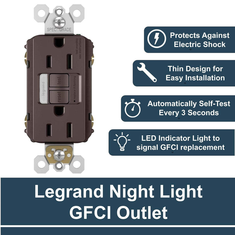 Legrand radiant 1597NTLTRDBCC4 15 Amp Night Light GFCI Self Test Tamper-Resistant Decorator Duplex Outlet with Cool Touch LED, Dark Bronze (1 Count) 1 Pack With Nightlight