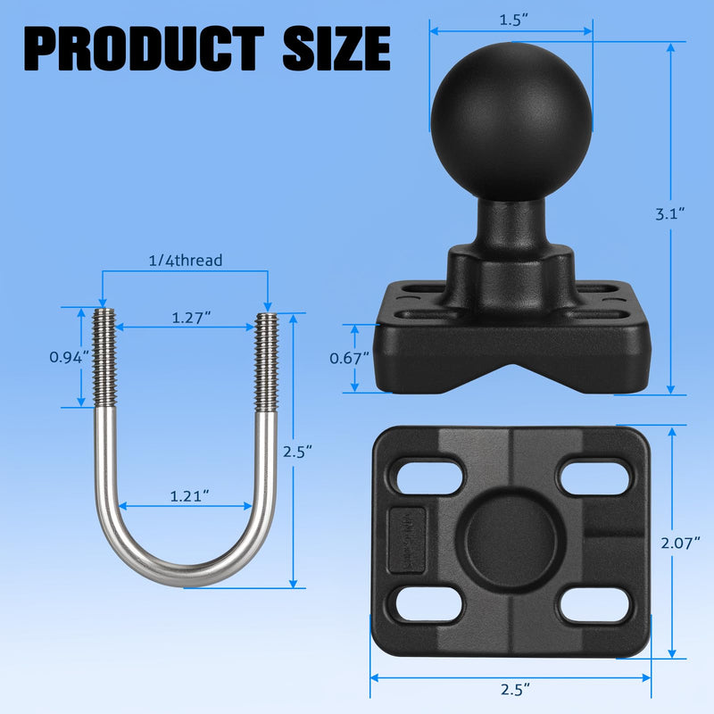 Double U Bolt 1.5 inch Ball Mount,Compatible C Size 1.5" Double Socket Arm,Suitable for 0.75" to 1.21" Diameter Round Tube C-1.5'' Ball