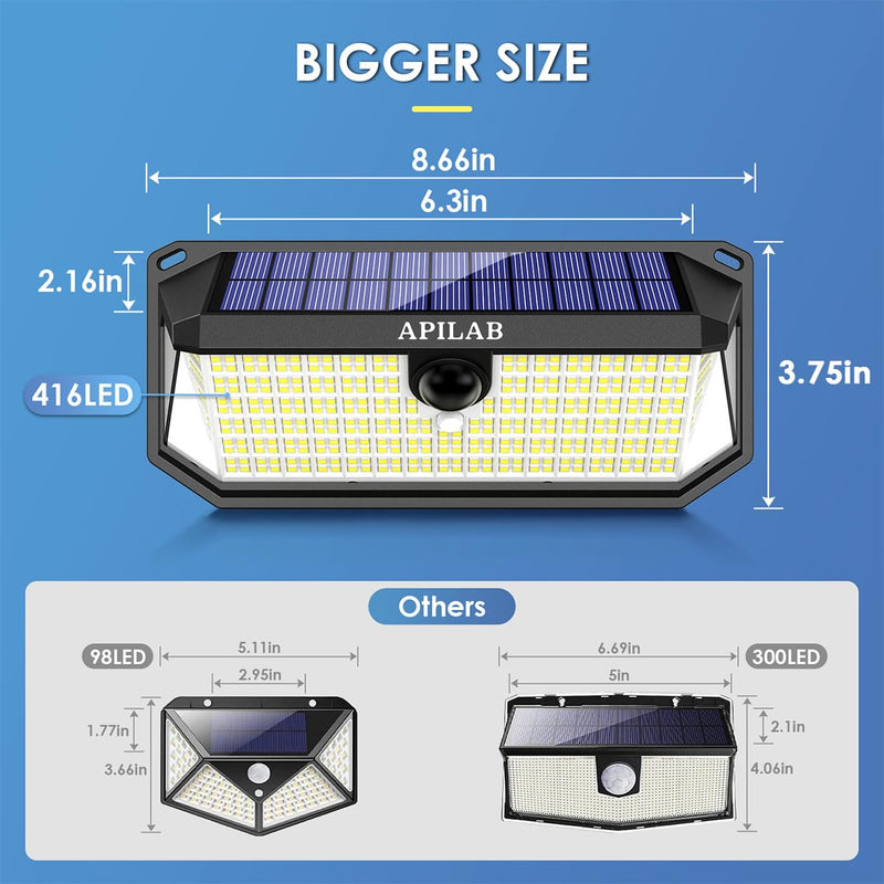 Solar Outdoor Lights, 416 LED 4000LM Motion Sensor Outdoor Lights, 3 Mode Solar Security Lights with 270°Wide Angle, IP65 Waterproof Solar Powered Wall Lights for Outside Yard Garage Deck Fence 2 Pack
