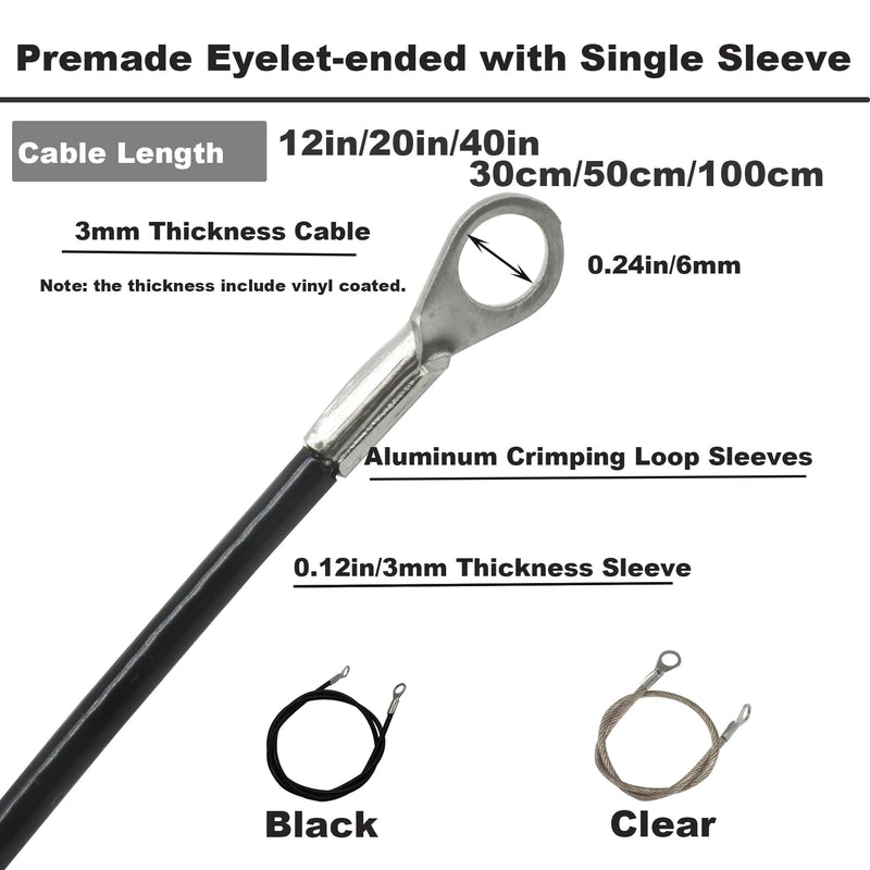 10 Pcs 1/8"(3mm) Wire 12" Vinyl Coated Stainless Steel Cable with Eyelets Short Wire Rope Lanyard Lock Security Chain Link for Outdoor Gates, Black(1/8"x12") 3mm(T) x 12 in/30cm(L)
