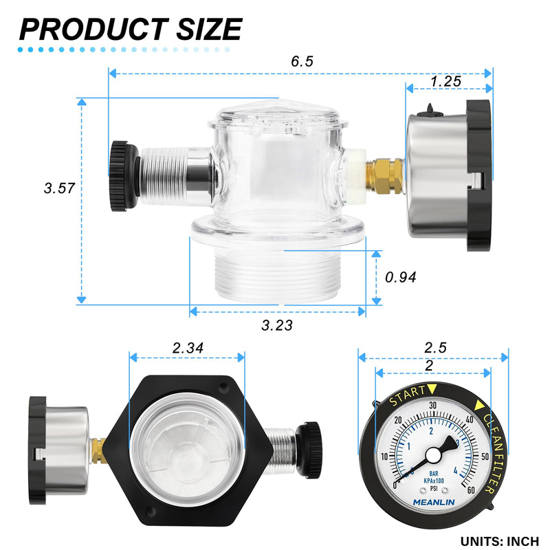 MEANLIN MEASURE 273564Z Manual Air Relief Valve Replacement for Pentair for Triton II, Triton C, TR100C and TR140C Pool Spa Sand Filters with 60Psi Steel Start and Clean Filter Pressure Gauge Back Mount