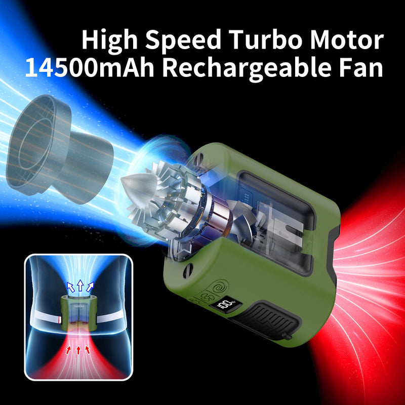 Socool 14500mAh Portable Waist Fan with 360 Rotation, Rechargeable Mini Personal Clip On Belt Shirt Fan 67Hrs Cooling Wearable Hanging Neck Fans with 5 Speeds & LED Light For Outdoor Working Jobsite Green