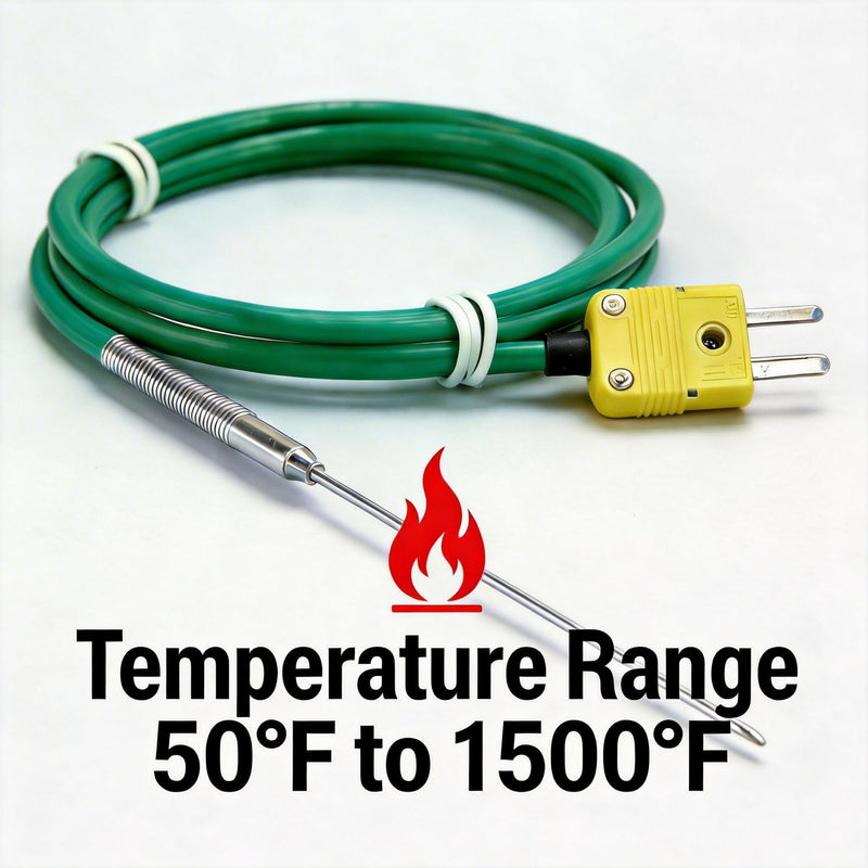 TL1916 Type K Thermocouple Probe Length 11.9 in/0.06 inSilicone | Teflon Cable Length 47 in Measurement Range 50°F to 1500°F (11.9 in /0.06 in) 11.9 in /0.06 in