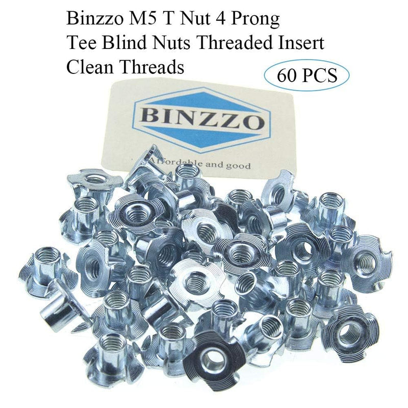 M5 X 8mm T Nut 4 Prong Tee Blind Nuts Threaded Insert Clean Threads No Rust Carbon Steel Zinc Plated for Wood Rock Climbing Wall Holds Plywood Furniture Particle Board CNC Router 60 Pack M5-8(60Pack)