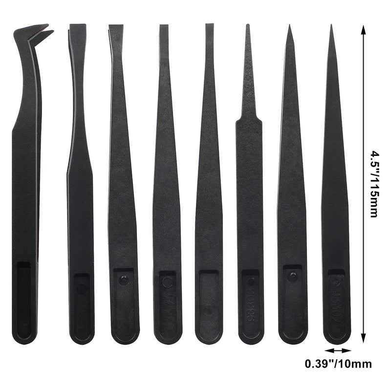 8Pcs Precision Plastic Tweezers, 4.5-4.8 Inch Anti-Static Tweezers Set with Curved and Straight Tips for Electronics Assembly, Watch Repair, Crafts Making (114-123mm, Black) 8