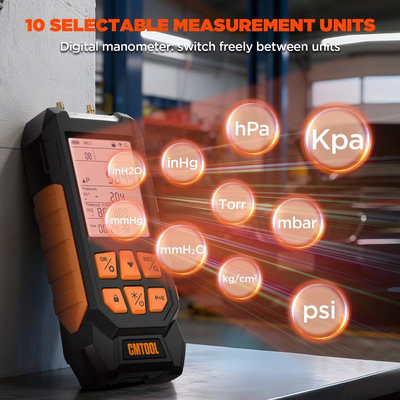 Manometer Gas Pressure Tester, Digital Manometer, -100-200Kpa, 10 Units Differential Pressure Gauge, Max/Min/Data Storage, 2-Port Tester for HVAC/Automotive Brake/Industrial/Lab Calibration (Regular) Regular