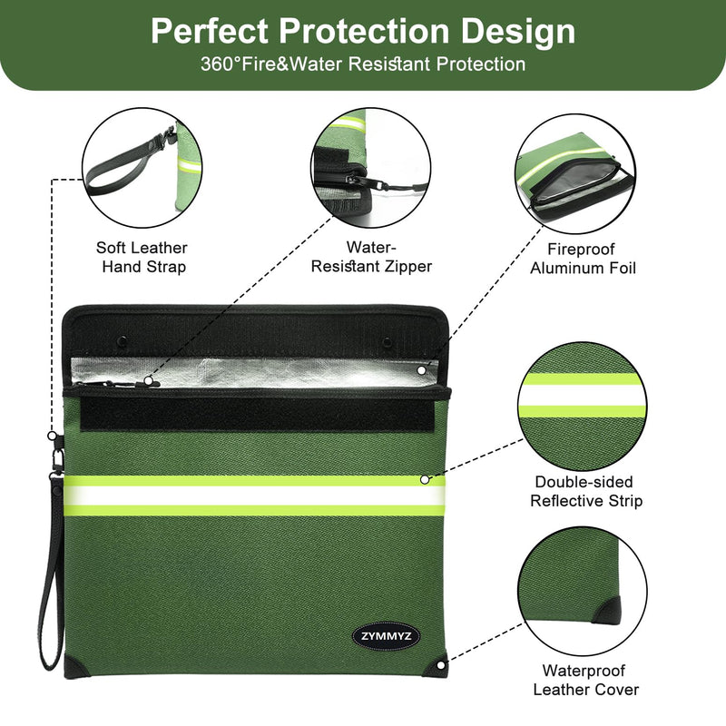 Fireproof Bag for Documents 6200°F Heat Insulated,Non-Itchy Fire Proof Money Pouch with Water Resistant Zipper,Fireproof Water Proof Document Envelopes for Cash,Valuables Green Medium Size