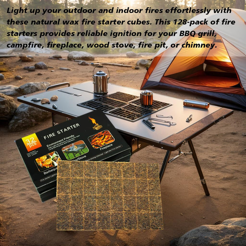 128 Pack,Natural Fire Starter Cubes for BBQ,Campfire,Fireplace,Indoor Outdoor Use,Grill Charcoal Wood Stove Fire Pit Chimney,All-Natural Odorless Wax Fire Starters