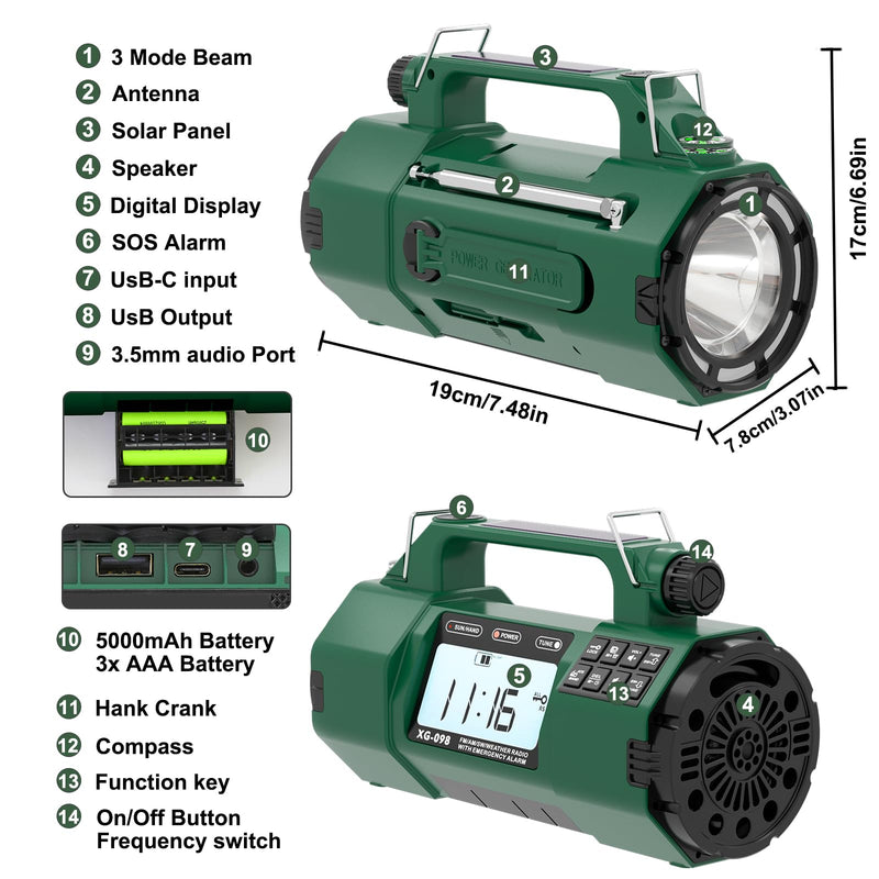 Emergency NOAA Weather Alert Radio, 5000mAh AM/FM Portable Radio with Solar, Hand Crank & AC Power, Replaceable Battery, Flashlight, SOS Alarm, Clock & Headphone Jack for Home & Outdoor Emergencies green Classic