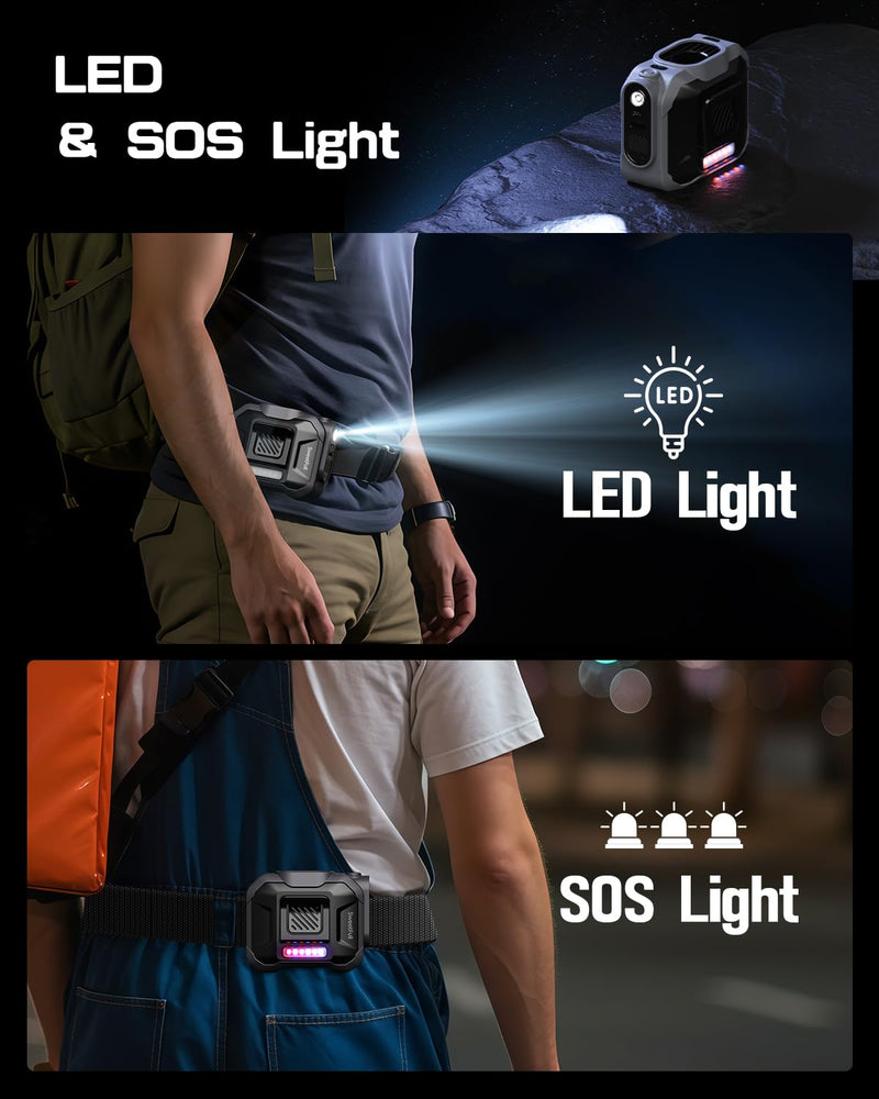 SWEETFULL Portable Waist fan, 10000mAh Personal Fan Rechargeable with Belt, 15500RPM Clip on Fan with LED SOS & Flashlight, 3 Speeds Battery operated 24H RunTime for Jobsite Outdoor Travel (Grey) Grey