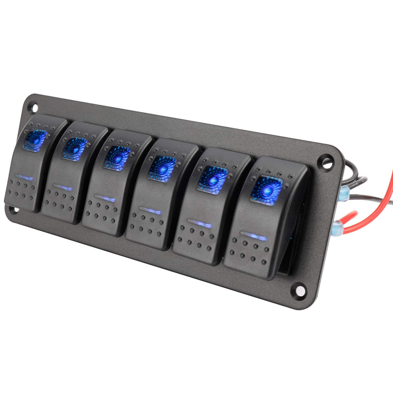 Amarine Made 12-24V Boat Switch Panel Illuminated Rocker Switch Aluminum Pre-Wired Panel 6 Gang Toggle Switches Dash 5 Pin ON/Off 2 LED Backlit for Bus Boat Car Marine Blue LED IP65 (6 Gang)