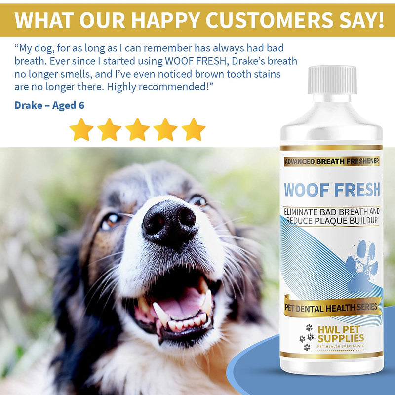 HWL Pet Supplies - WOOF FRESH - Dog Breath Freshener - Advanced Dental Water Additive - Eliminate Bad Breath & Reduce Plaque/Tartar Buildup - Mouthwash For Dogs - Made In UK - PawsPlanet Australia