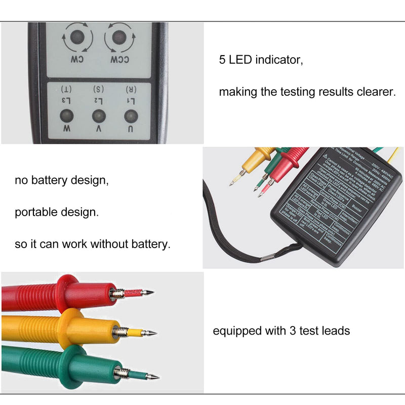 Phase Rotation Meter, 3 Test Leads 3 Phase Sequence Rotation Phase Rotation Tester 5 LED Indicator for Home