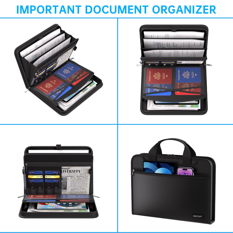 ENGPOW Document Organizer Folder, Fireproof Expanding File Folder with Multi Pockets, 3 Pockets File Organizer with Handle, Portable Home Travel Safe Storage for Important Documents, Passport, Laptop
