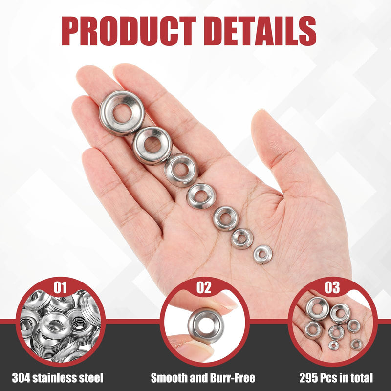 295 Pcs Finish Washers #4#6#8#10#12#14#16 Countersunk Washers Cup Washer Assortment Stainless Steel Finishing Washers, 7 Sizes