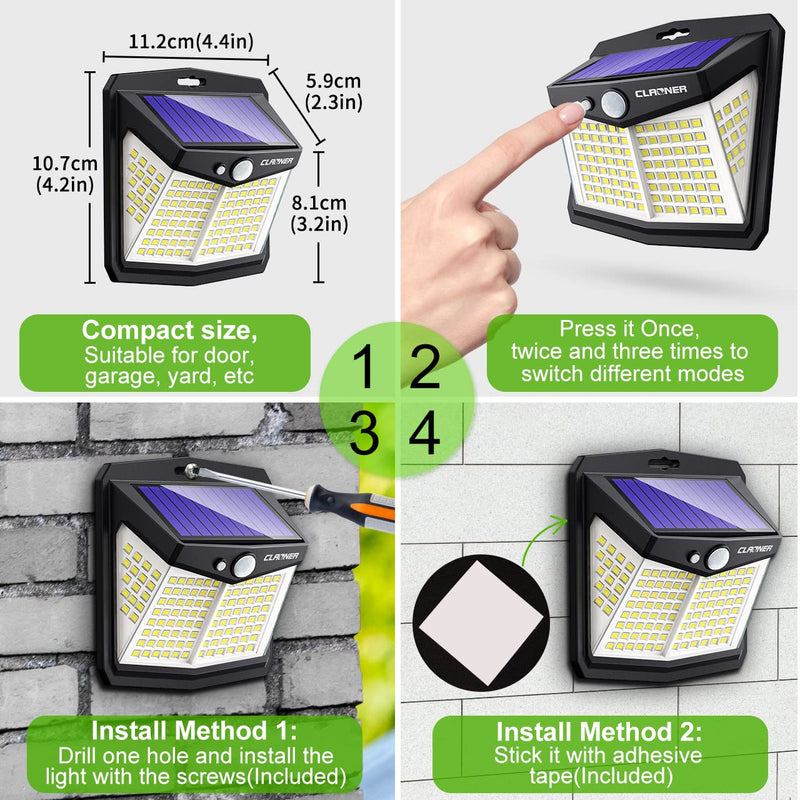 CLAONER Solar Lights Outdoor, [128 LED/4 Packs] Motion Sensor Lights 3 Working Modes for Outdoor with 270° Wide Angle Wireless IP65 Waterproof Security Light for Fence, Patio, Cold White 4 Packs