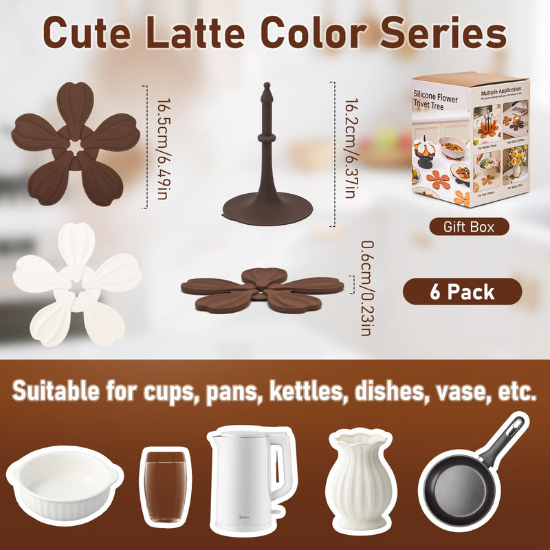 Silicone Trivets for Hot Dishes Pans Teapot Cups, Vynusio Trivet Tree Set 6 Pack Trivets +1 Stand - Collapsible Hot Pads Heat Pot Holders, Hot Pads for Table Countertops Kitchen, Latte Color Latte 6 Pack +1 Stand