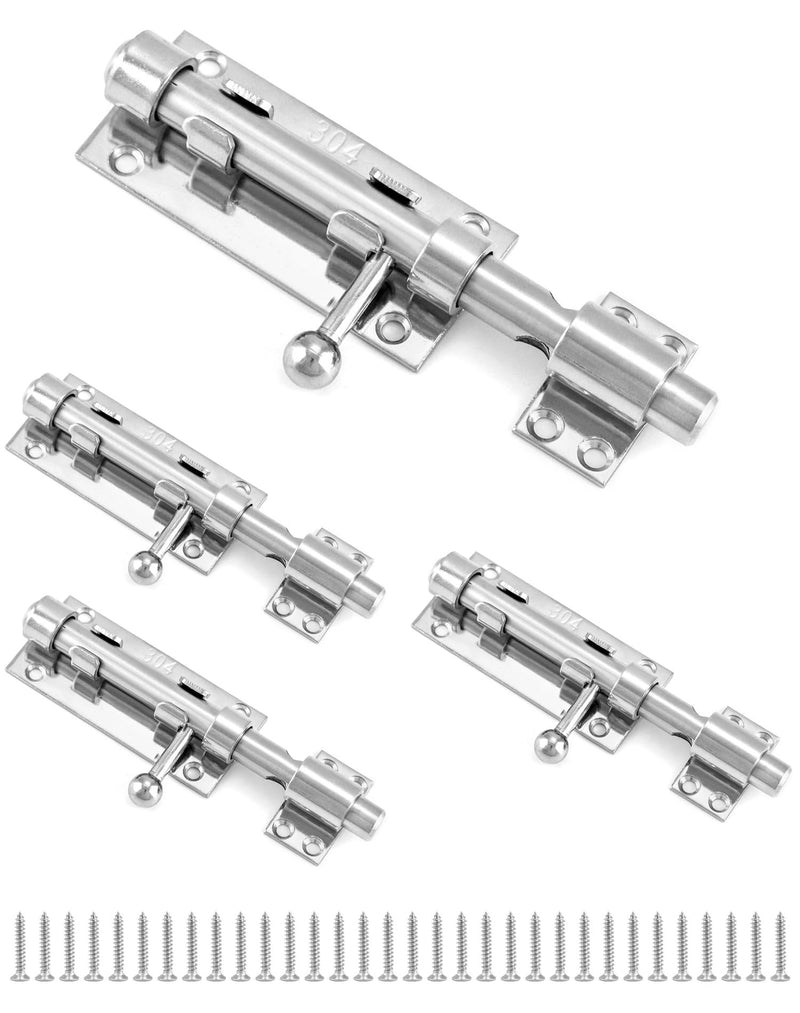 QWORK Sliding Bolt Gate Latch, 4 Pack 6.3" Heavy Duty 304 Stainless Steel Safety Barrel Bolt Door Latches with Padlock Hole and Mounting Screws for Doors, Cabinets, Refrigerators