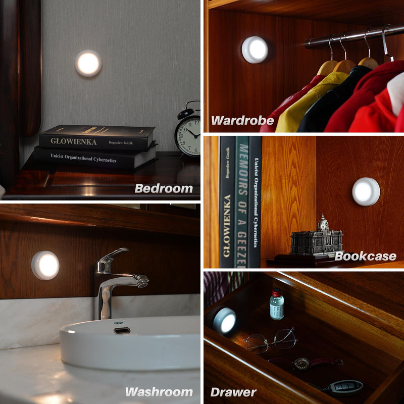 STAR-SPANGLED 4 Pack 3.1” Dimmable Push Tap Lights, Stick on LED Touch Puck Lights AA Battery Operated, 3 Color Modes Sticky Button Lamps for Classroom, Kitchen, Under Cabinet, Closet 3 Color Modes & Dimmable