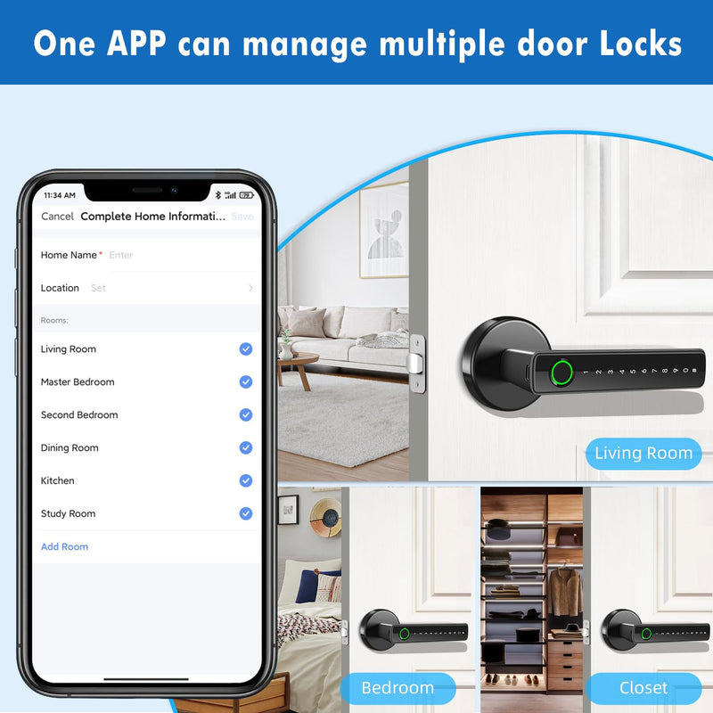 Fingerprint Door Lock,Biometric Smart Door Knob with Keypad Code,6 in 1Keyless Entry Door Handle,App Control,Generate Passcode Remotely,for Bedrooms Office Home Hotel Apartment