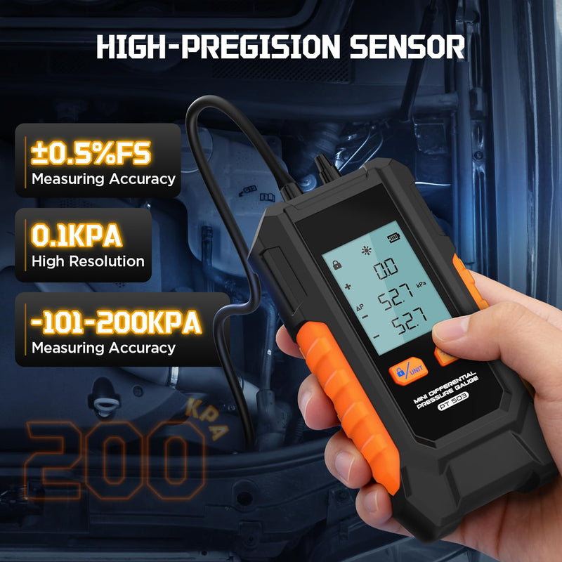 Manometer Gas Pressure Tester, Dual-Port HVAC Digital Differential Pressure Gauge with 6 Switchable Units, Large Backlit LCD, Data Hold Function, 7 Adapters, -101 to 200 kPa Range