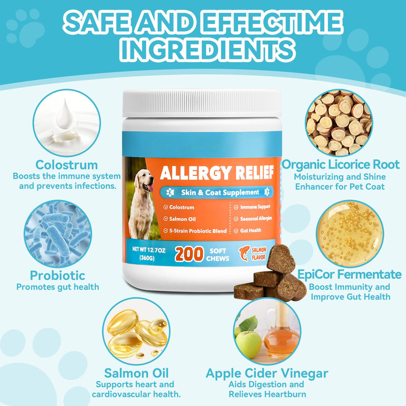 Dog Allergy Chews 200ct, Dogs Allergy Relief Chews for Paw Licking Itchy Skin Coat Supplement, Dog Itching Relief with Probiotics Colostrum for Dry Skin Itching Licking Seasonal Allergies Salmon