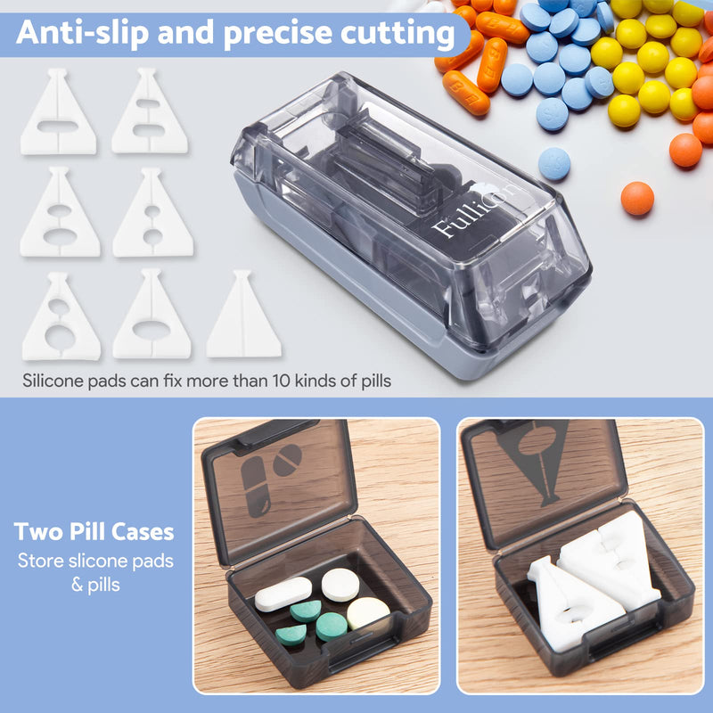 Fullicon Pill Cutter for Small or Large Pills, Pill Splitter with V-Shape Holder, Medicine Slicer with Sharp Blade,Tablet Splitter with Two Large Pill Organizers Grey